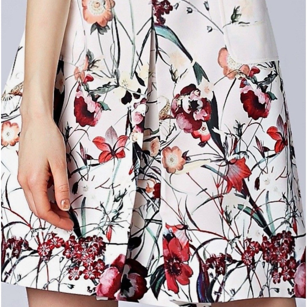 Catherine Malandrino Front Box Pleat Skirt Sz Large White‎ Floral Flare Ivory
